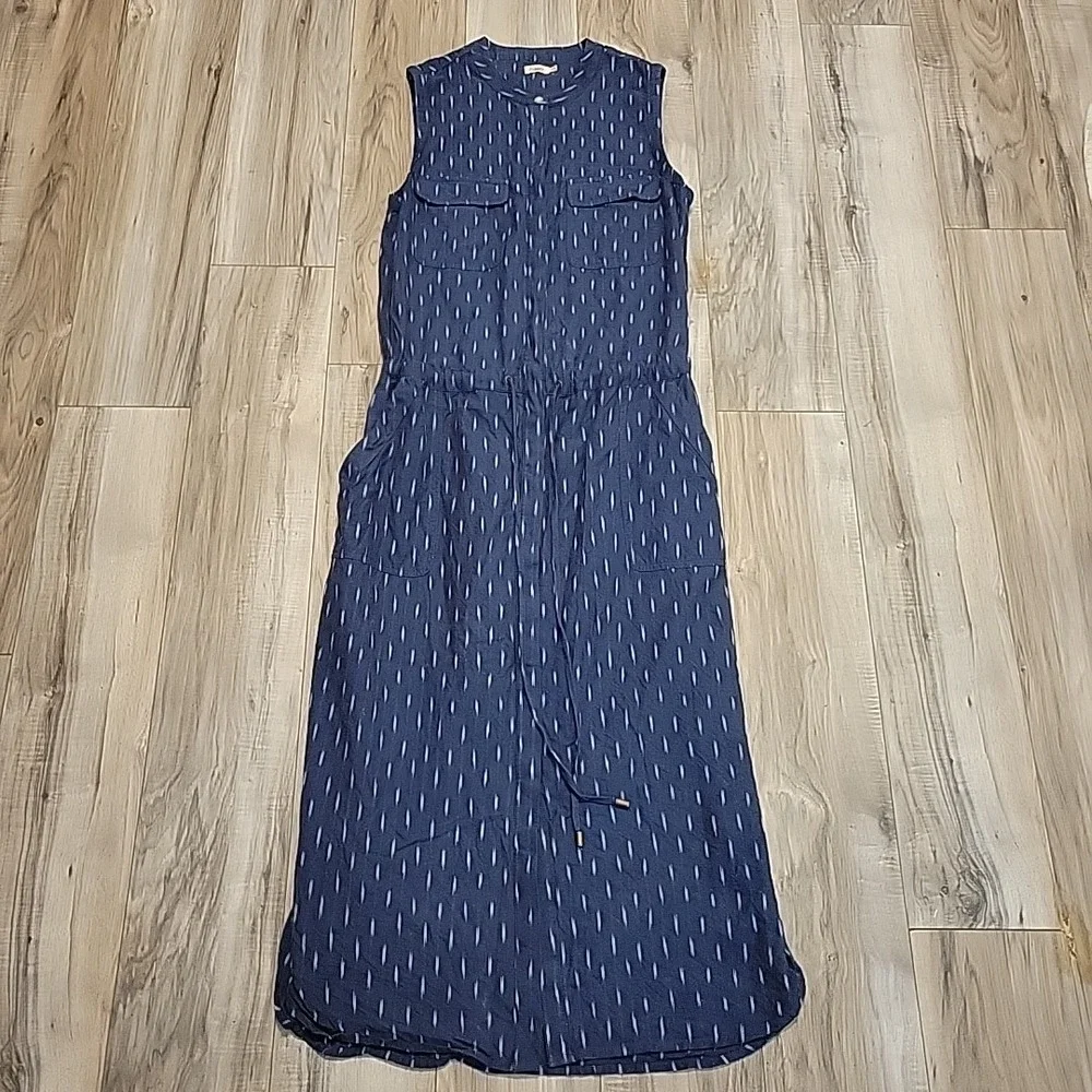 Faherty Navy Blue Sleeveless Midi Dress with Subtle White Dash Print - Picture 4 of 11